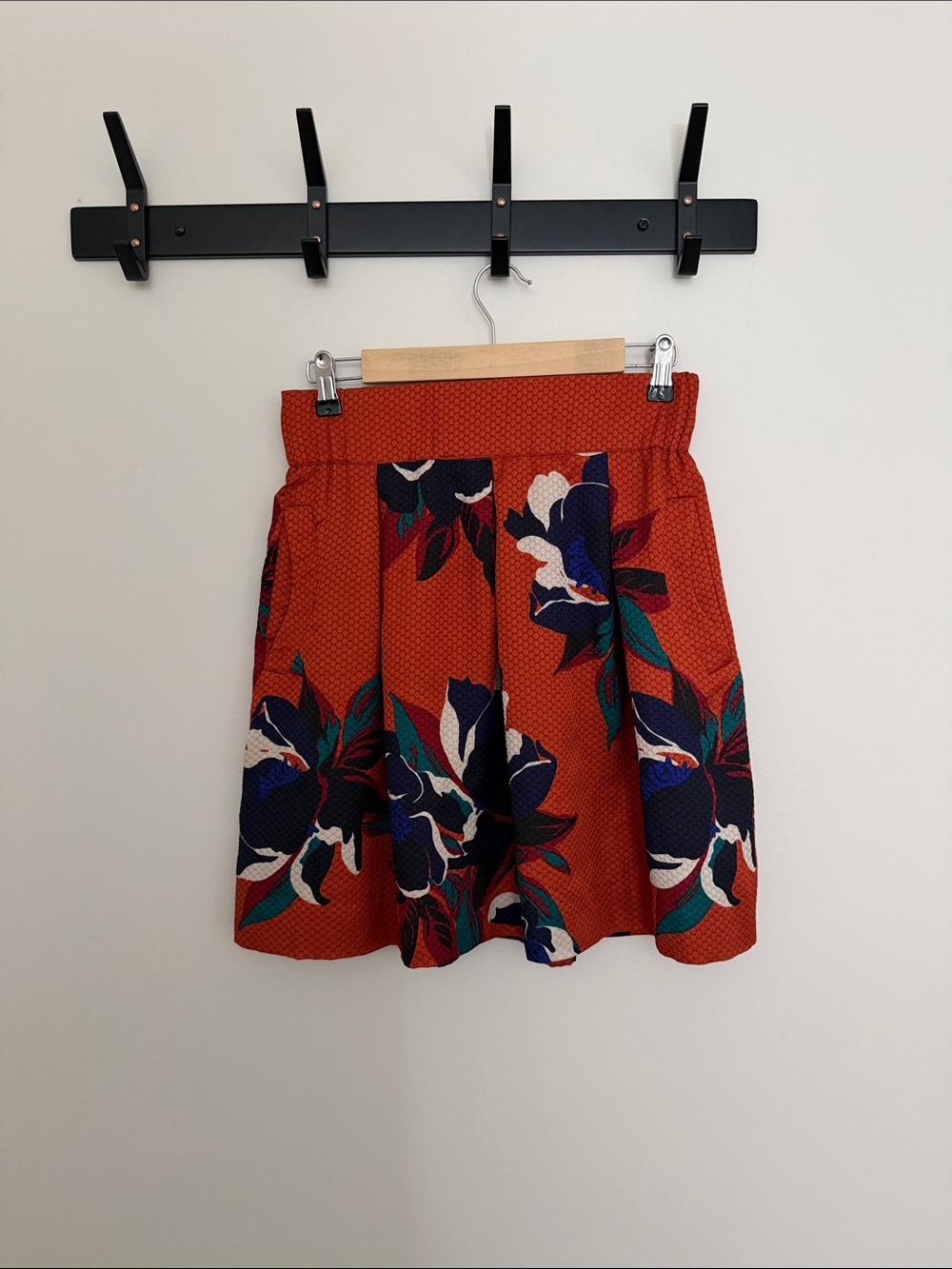 Maeve Rust Orange Floral Circle Skirt with Navy & Cream Accents